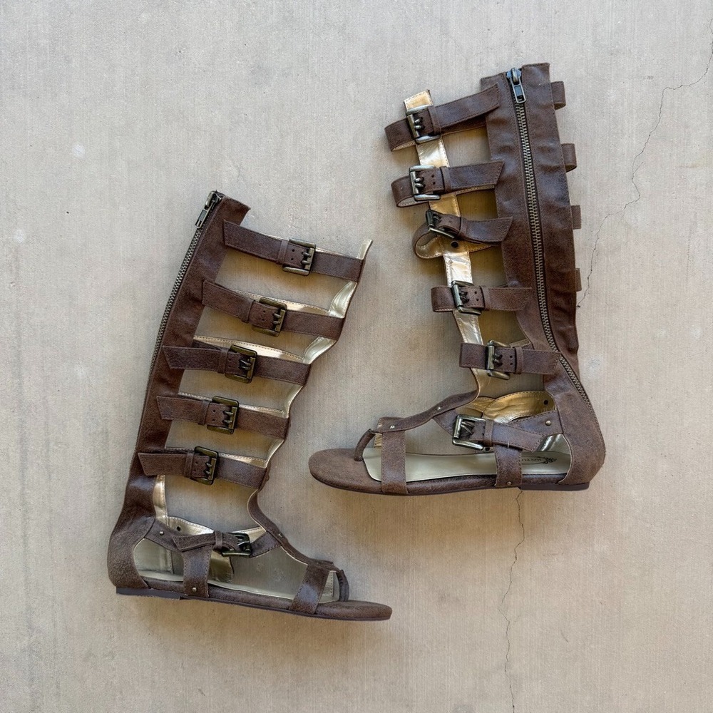 Joyfolie Jayla Youth 3 Brown Tall Gladiator Sandals Knee High Buckle Boho Girls